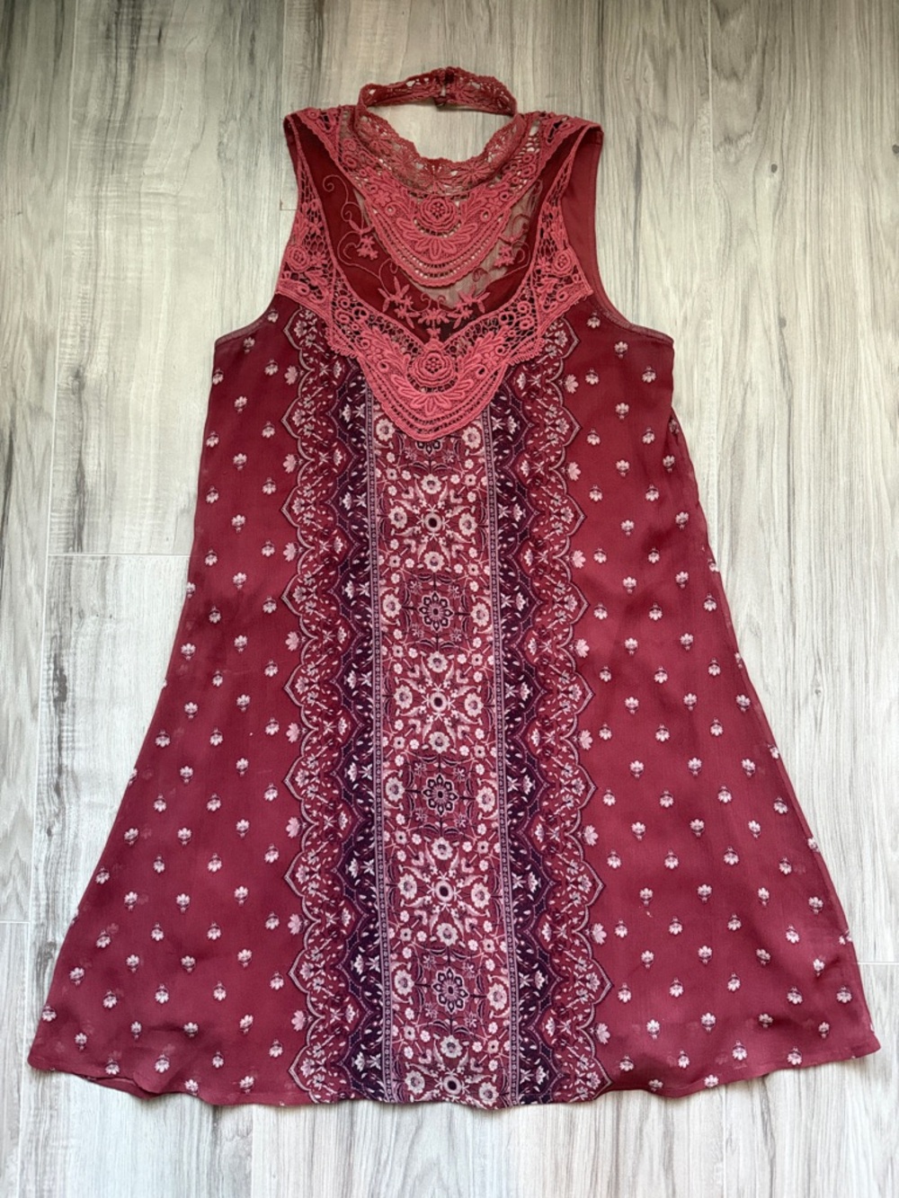City Triangles Red Lace-Trim High Neck Mini Dress